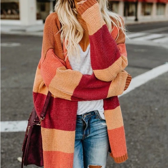 Autumn Colorblock boho Stripes Knit Open Front Cardigan Casual stripes - Picture 3 of 13